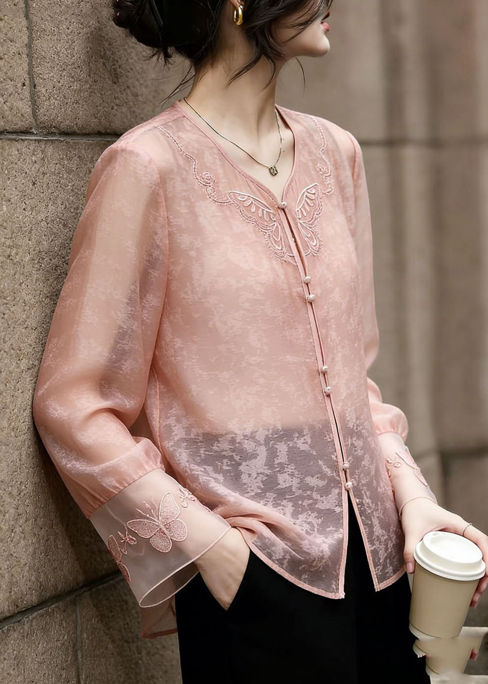 2026 New Pink V Neck Embroidered Silk Shirt Flare Sleeve