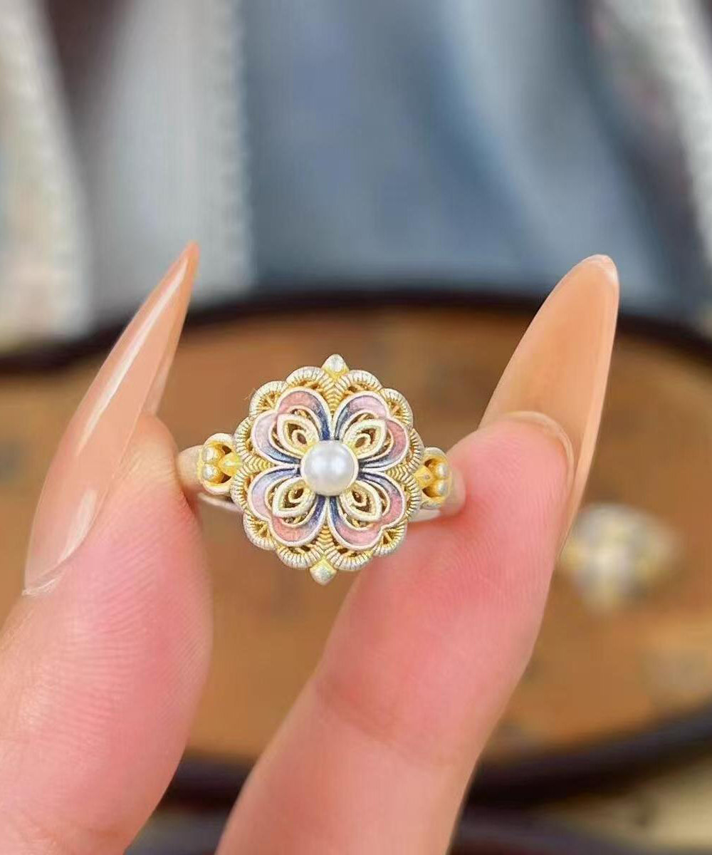 2026 New Rainbow Alloy Floral Enamel Pearl Rings