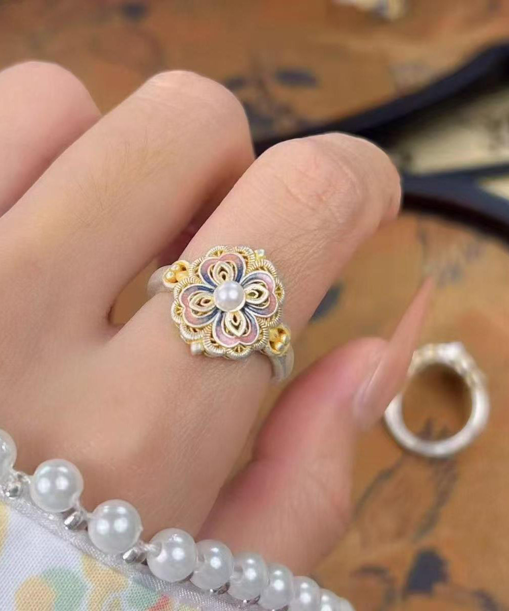 2026 New Rainbow Alloy Floral Enamel Pearl Rings