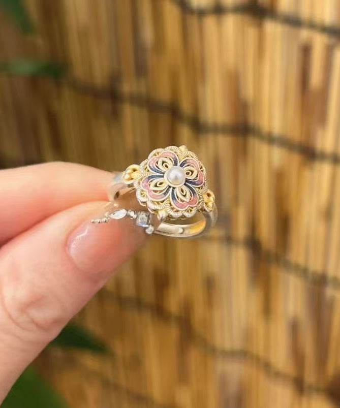 2026 New Rainbow Alloy Floral Enamel Pearl Rings