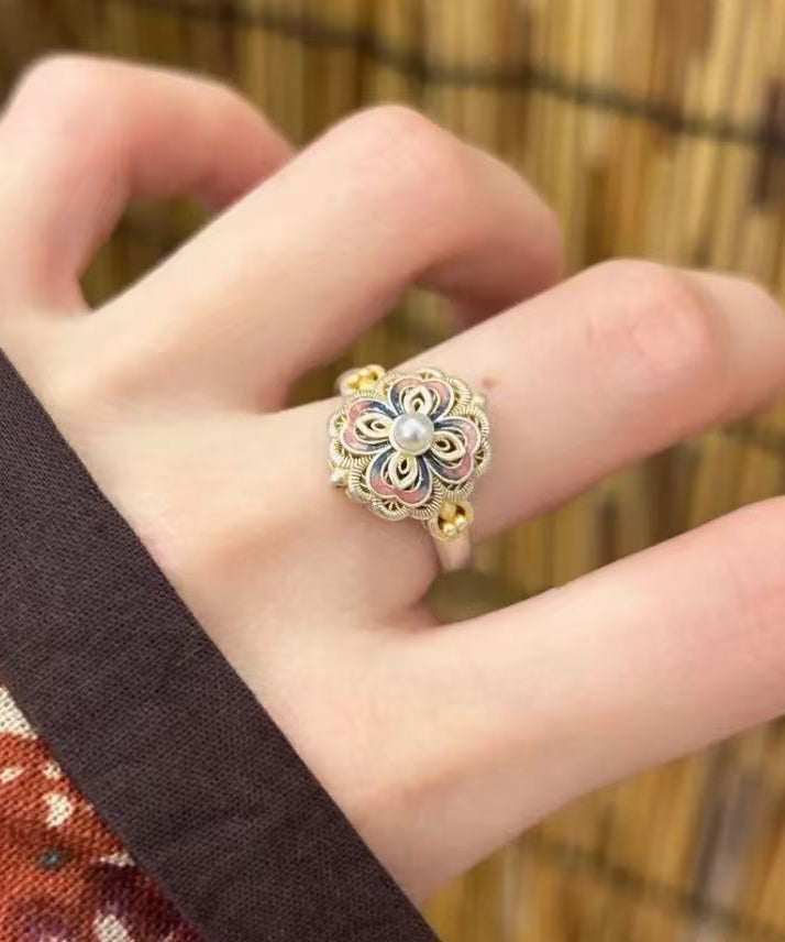 2026 New Rainbow Alloy Floral Enamel Pearl Rings