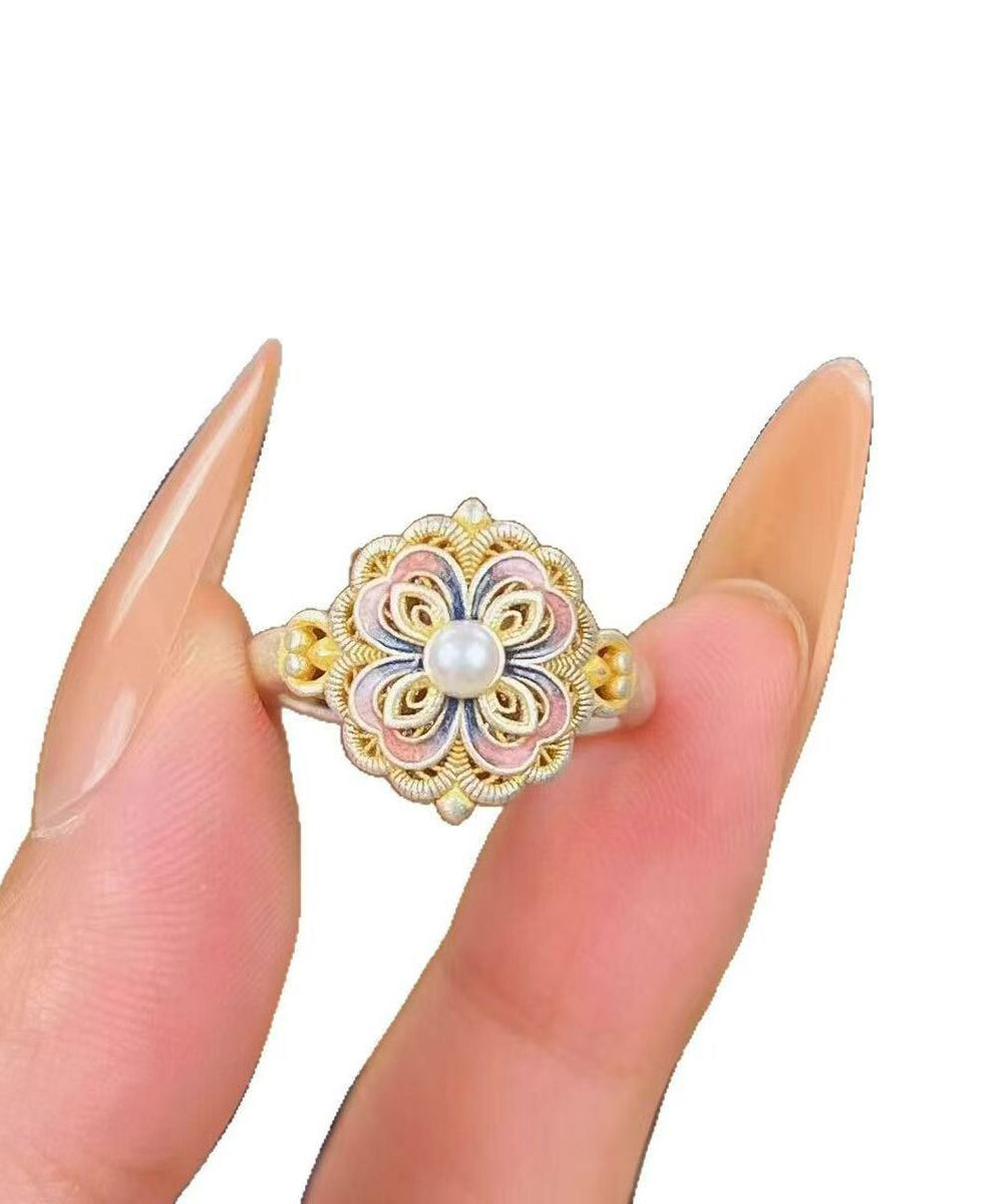 2026 New Rainbow Alloy Floral Enamel Pearl Rings