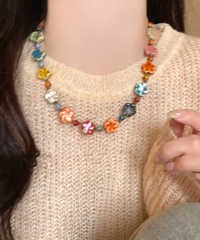 2026 New Rainbow Weave Ceramics Floral Gratuated Bead Necklace