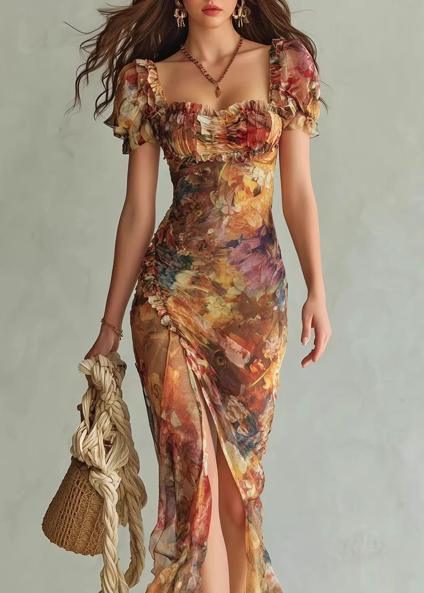 2026 New V-Neck Ruffle Print Side Open Chiffon Dress Summer