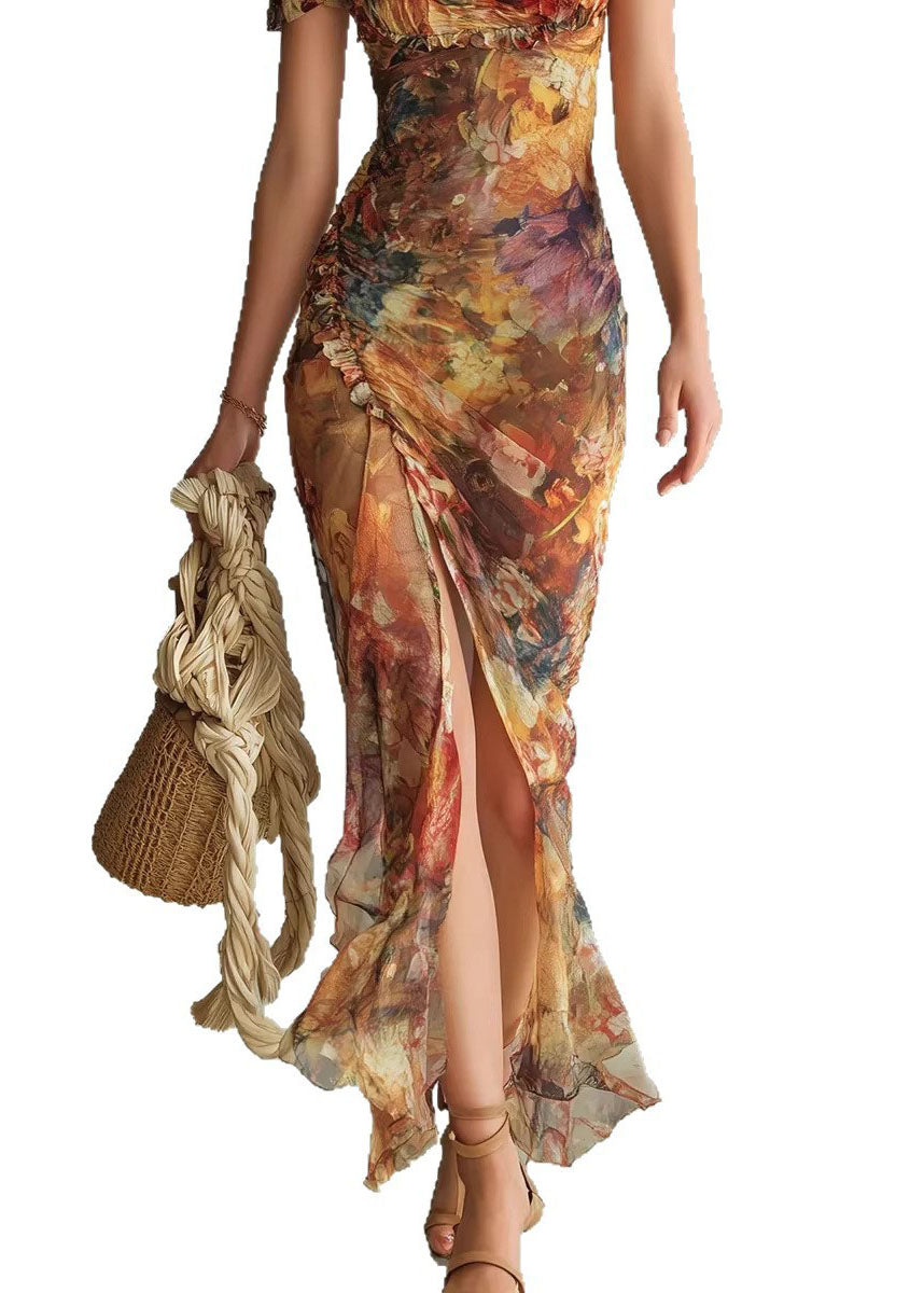 2026 New V-Neck Ruffle Print Side Open Chiffon Dress Summer