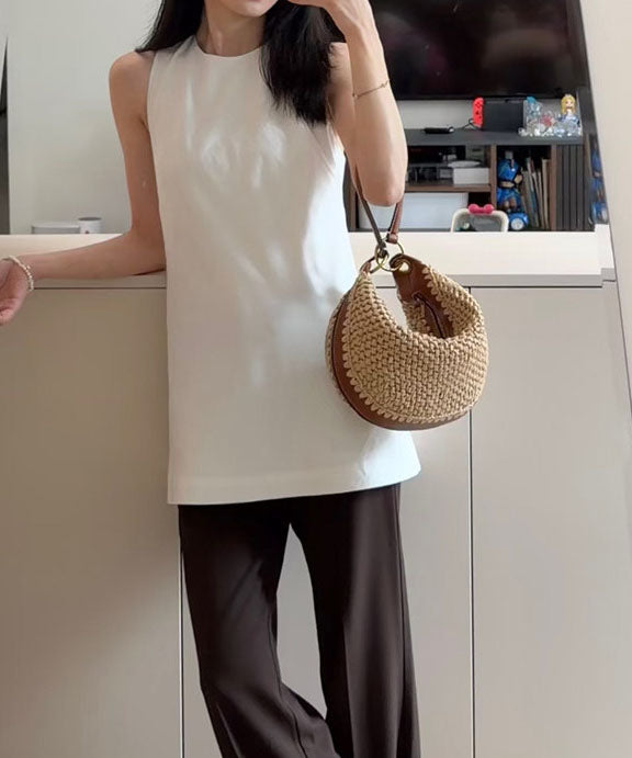 2026 New Vacation Style Straw Woven Spliced Leather Shoulder Bag