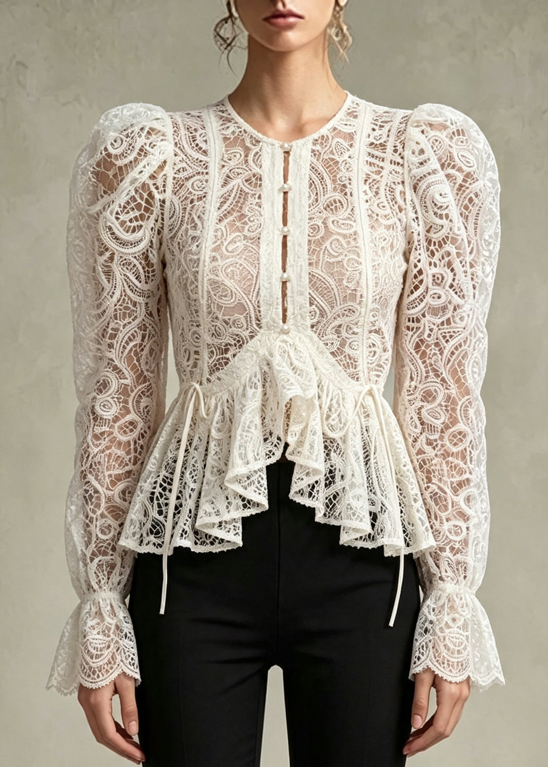 2026 New White Asymmetric Ruffles Lace Top Flare Sleeve