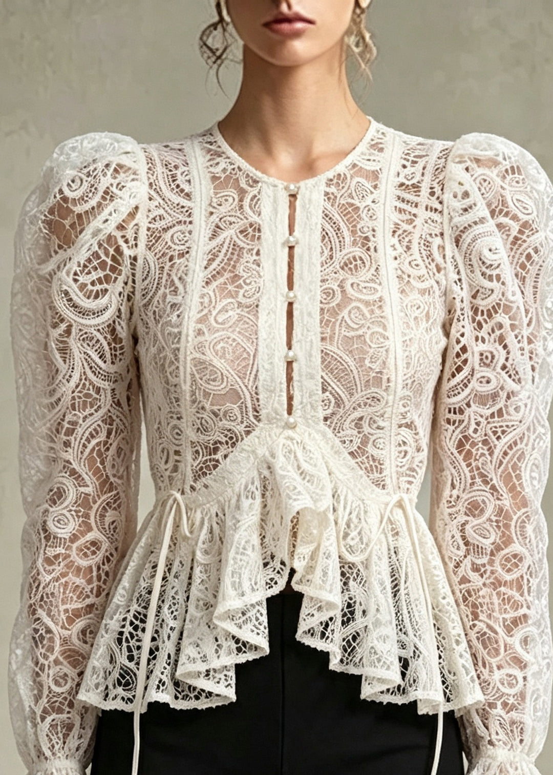 2026 New White Asymmetric Ruffles Lace Top Flare Sleeve