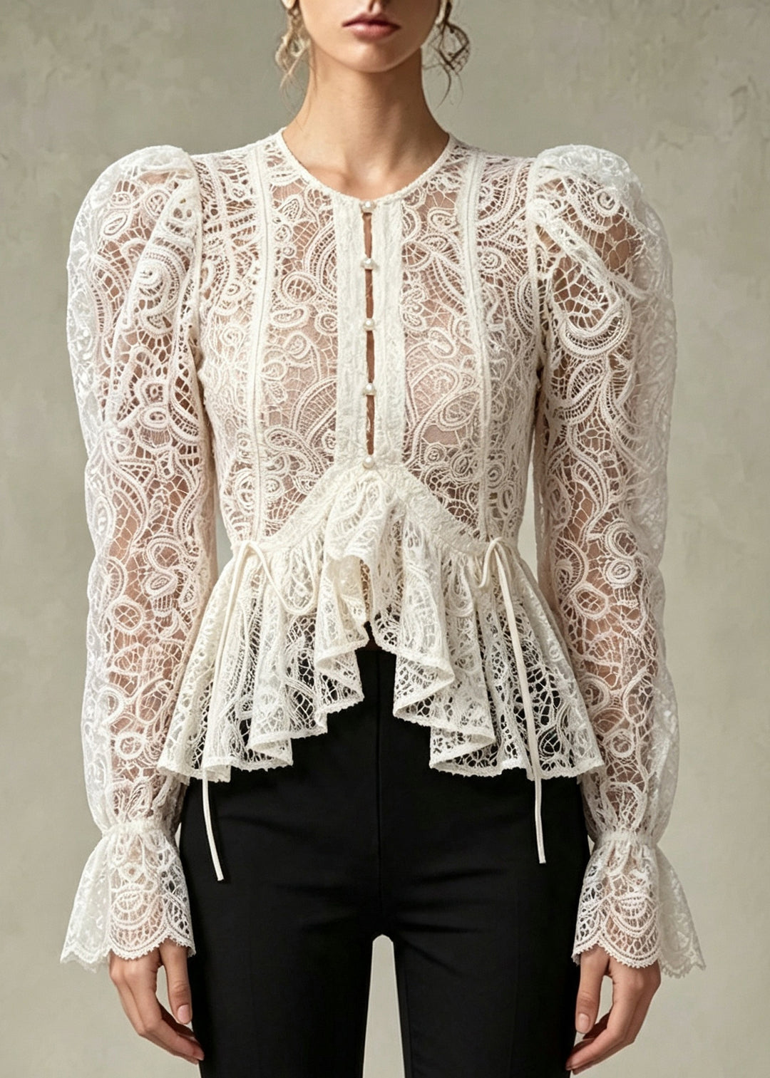 2026 New White Asymmetric Ruffles Lace Top Flare Sleeve