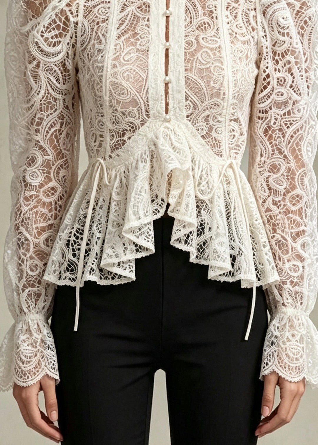 2026 New White Asymmetric Ruffles Lace Top Flare Sleeve