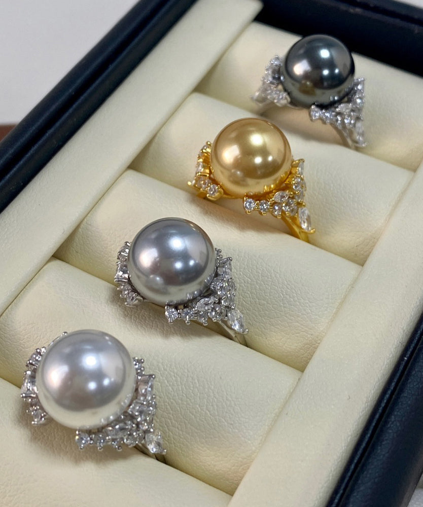 2026 New White Pearl Zircon Open Silver Rings