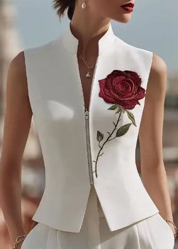 2026 New White Stand Up Collar Zipper Rose Embroidered Vest