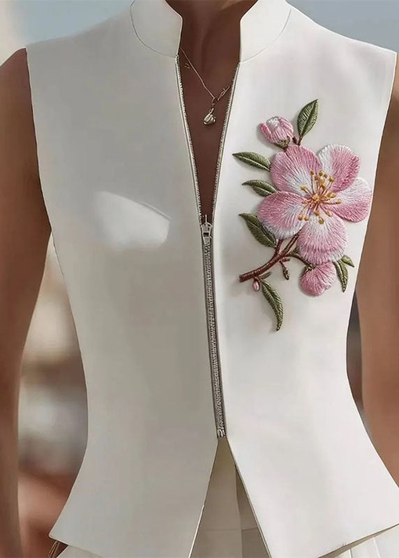 2026 New White Stand Up Collar Zipper Rose Embroidered Vest