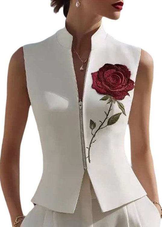 2026 New White Stand Up Collar Zipper Rose Embroidered Vest
