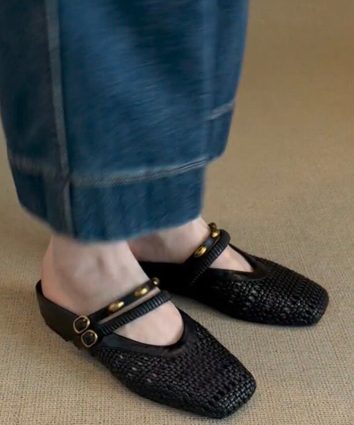 2026 Splicing Black Faux Leather Hollow Out Slide Sandals