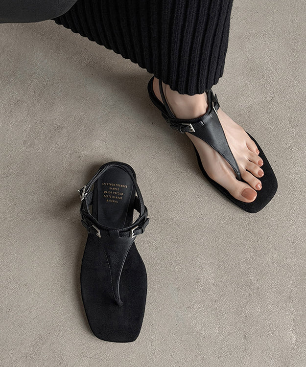 2026 Stylish Splicing Thong Sandals Black Cowhide Leather