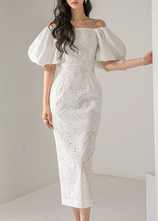 2026 White Slash Neck Off Shoulder Lantern Sleeve Lace Long Dress