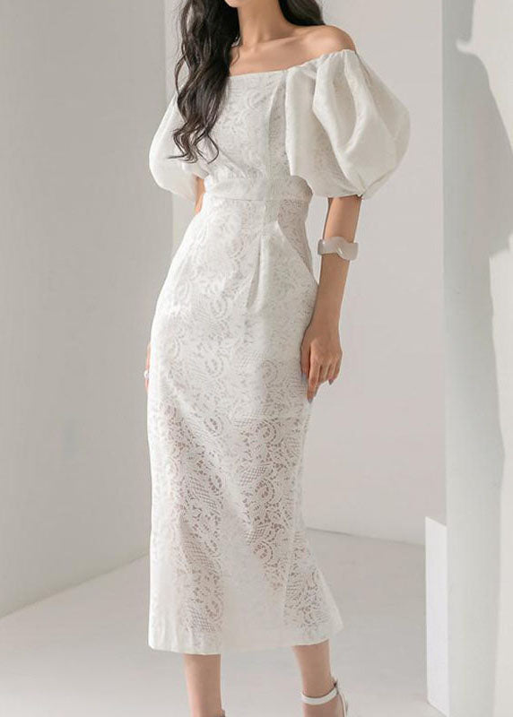 2026 White Slash Neck Off Shoulder Lantern Sleeve Lace Long Dress
