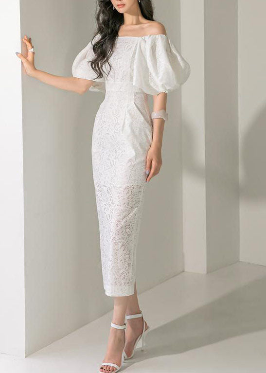 2026 White Slash Neck Off Shoulder Lantern Sleeve Lace Long Dress