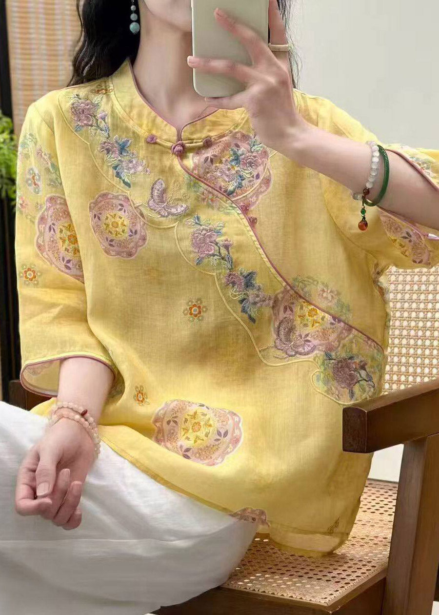 2026 Yellow Stand Collar Patchwork Linen Top Three Quarter Sleeve