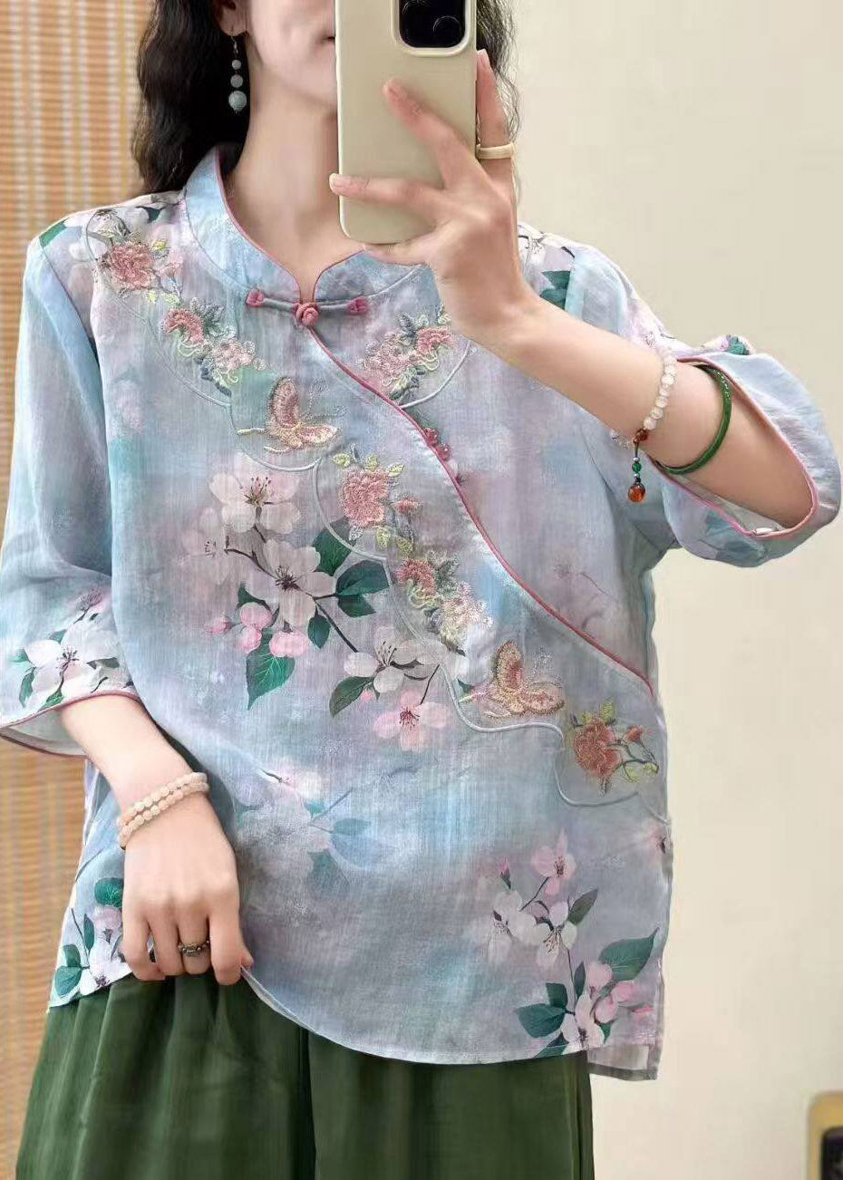 2026 Yellow Stand Collar Patchwork Linen Top Three Quarter Sleeve
