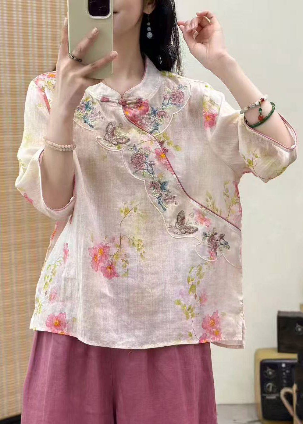2026 Yellow Stand Collar Patchwork Linen Top Three Quarter Sleeve