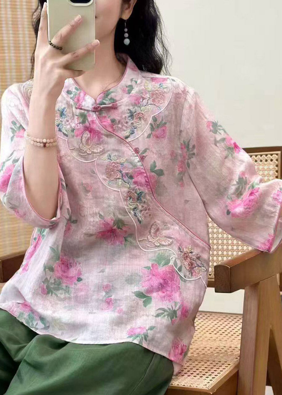 2026 Yellow Stand Collar Patchwork Linen Top Three Quarter Sleeve