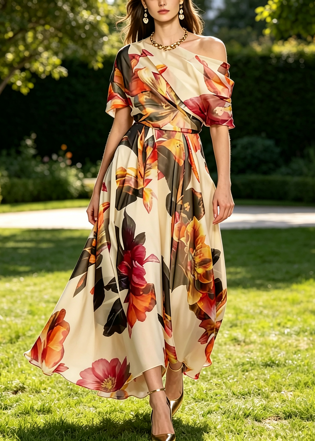 French Asymmetrical Print Chiffon Maxi Dresses Summer