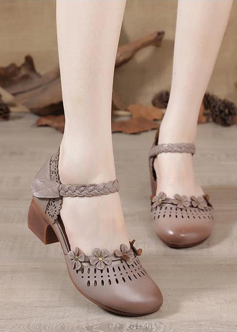 Vintage Apricot Cowhide Leather Sandals Hollow Out Buckle Strap