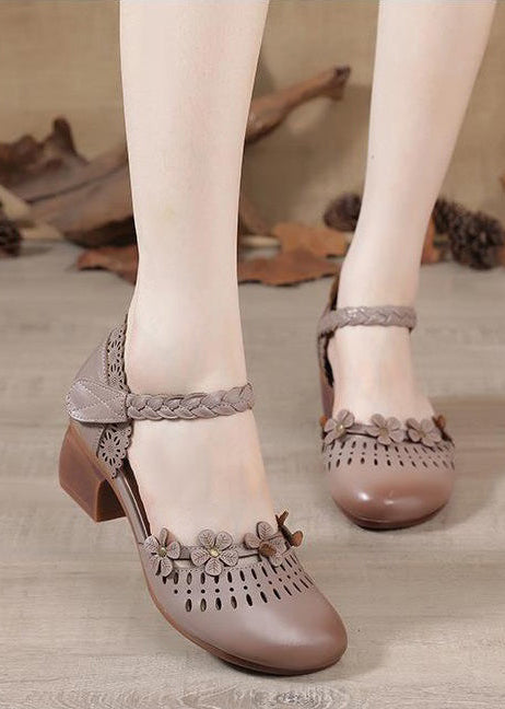 Vintage Apricot Cowhide Leather Sandals Hollow Out Buckle Strap
