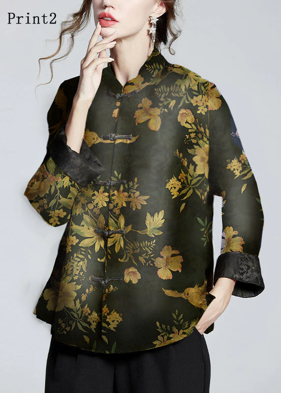 Chinese Style Print7 Stand Collar Button Print Silk Coats Long Sleeve