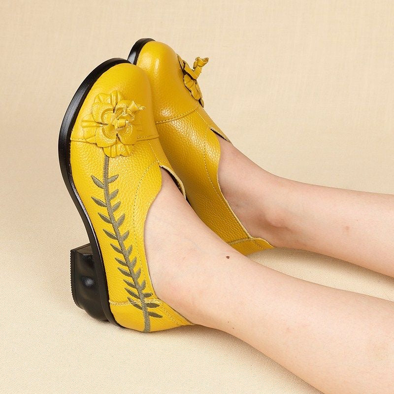 Leather Floral Low Heel Leaf Chic Design Shoes