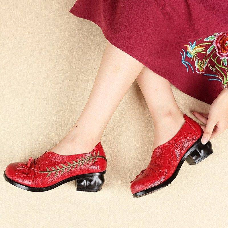 Leather Floral Low Heel Leaf Chic Design Shoes