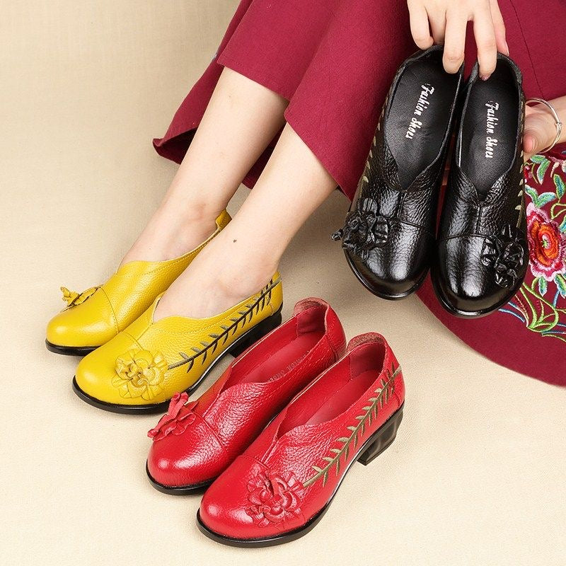 Leather Floral Low Heel Leaf Chic Design Shoes