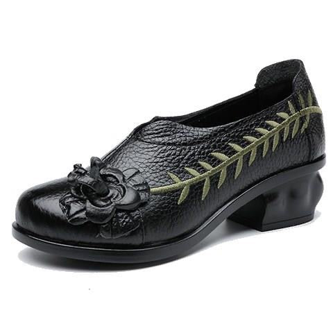 Leather Floral Low Heel Leaf Chic Design Shoes