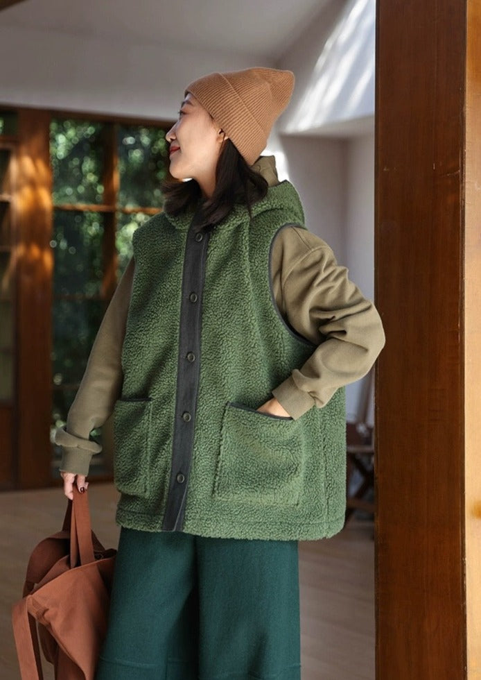 Women Winter Fleece Spliced Hooded Vest Coat