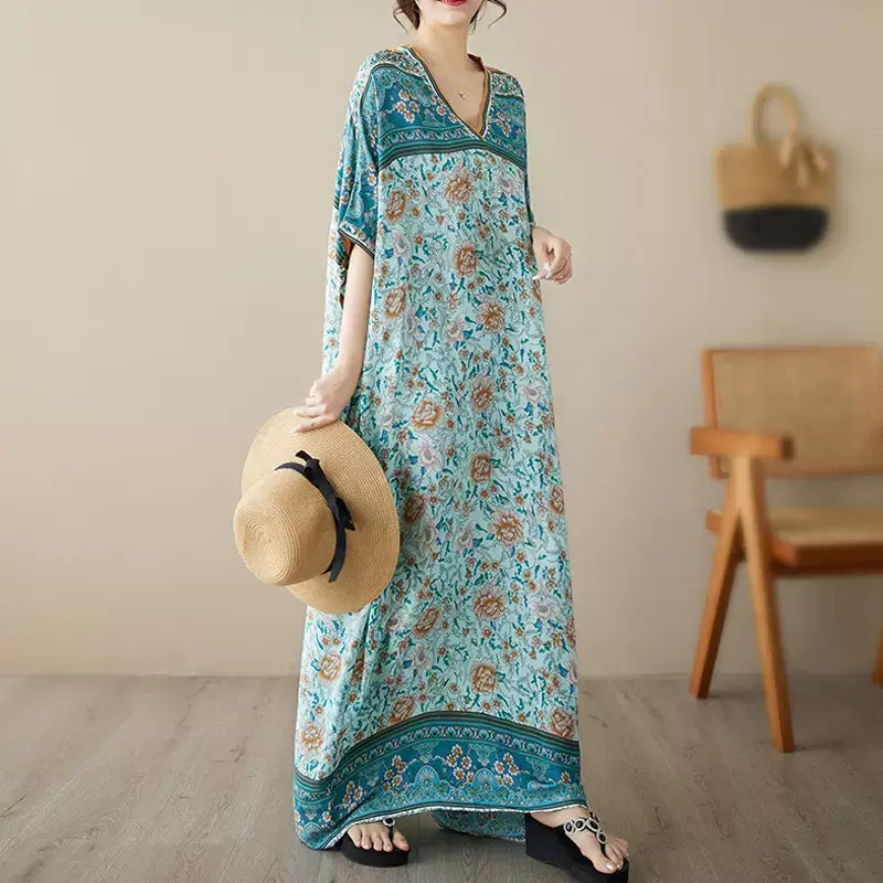 Women Summer Breezy Floral Maxi Dress Short Sleeve