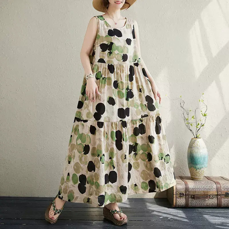 Casual Polka Dot Print Cotton Midi Dress