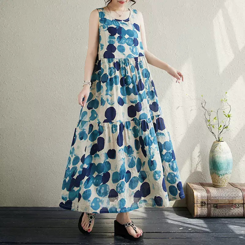 Casual Polka Dot Print Cotton Midi Dress