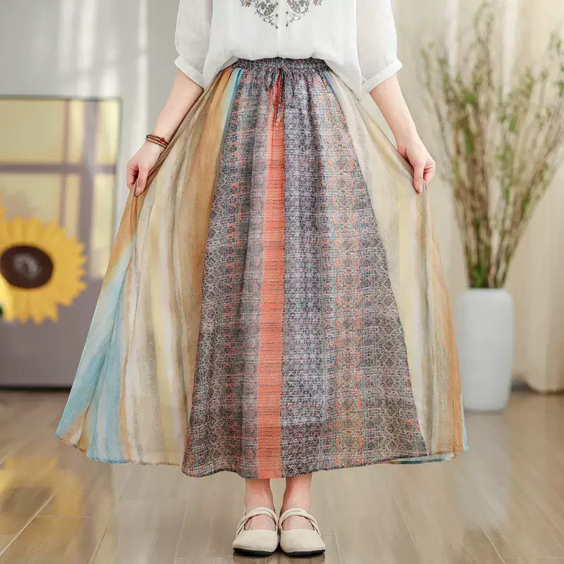 Vintage Rainbow Print Midi Skirt Summer