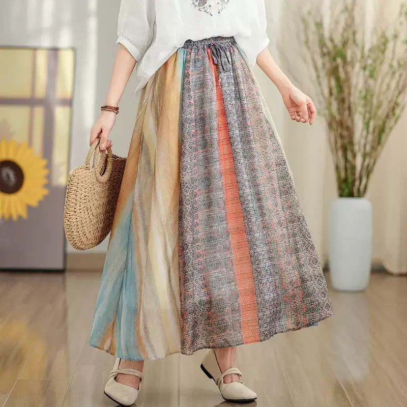 Vintage Rainbow Print Midi Skirt Summer