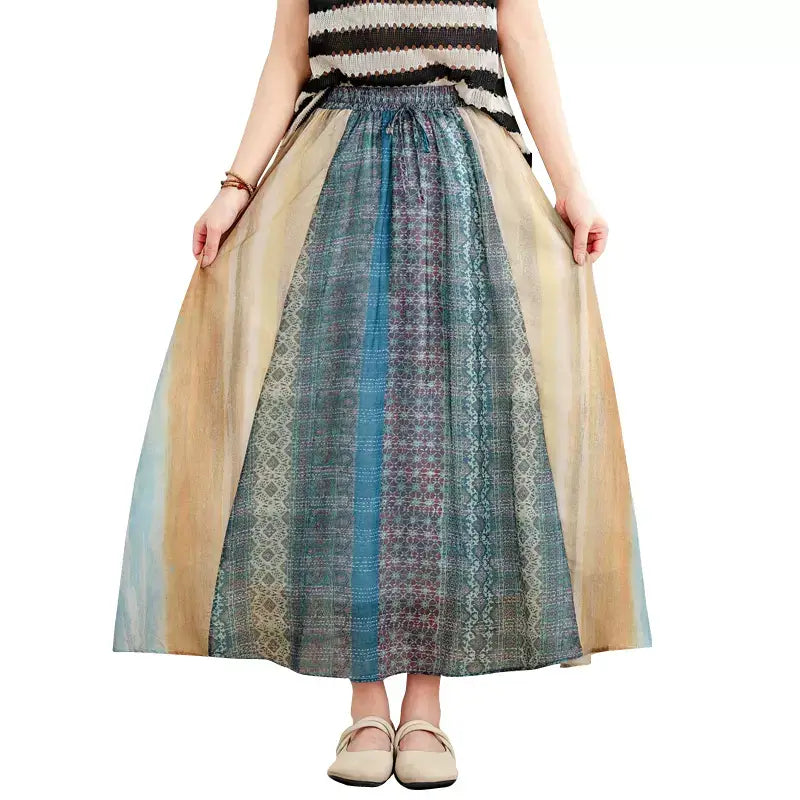 Vintage Rainbow Print Midi Skirt Summer