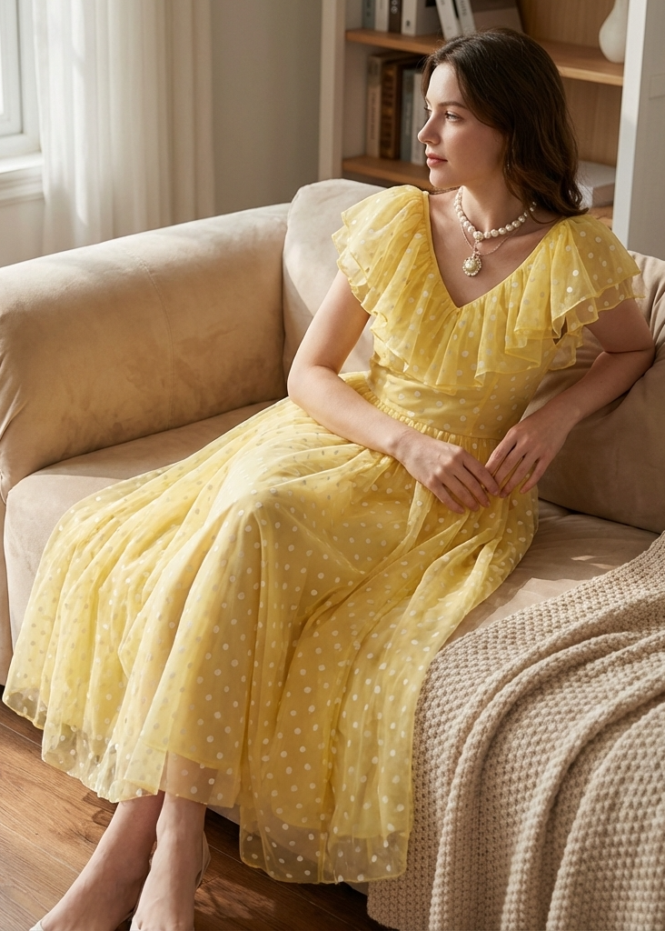 Stylish Yellow V Neck Ruffled Print Chiffon Long Dress Summer