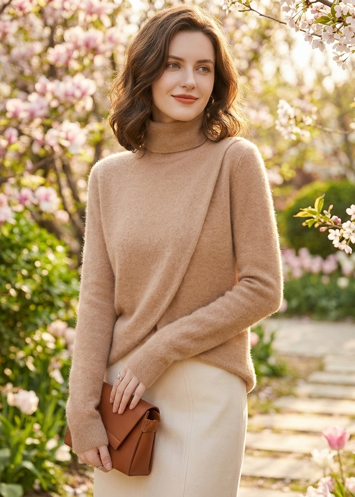 Organic Light Camel Asymmetrical Solid Cotton Knit Sweaters Spring