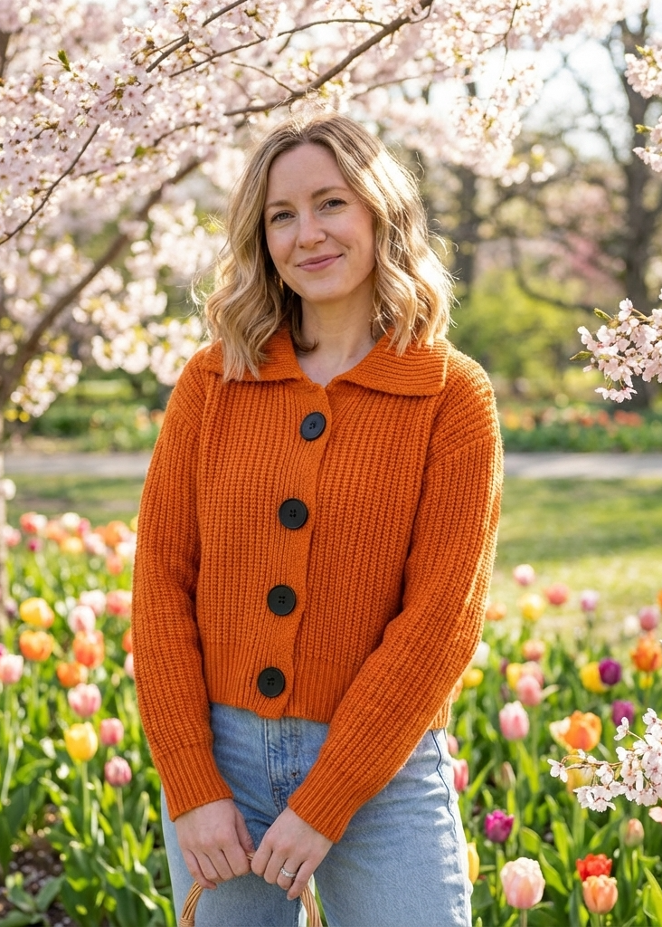 Modern Orange Peter Pan Collar Button Down Knit Cardigan