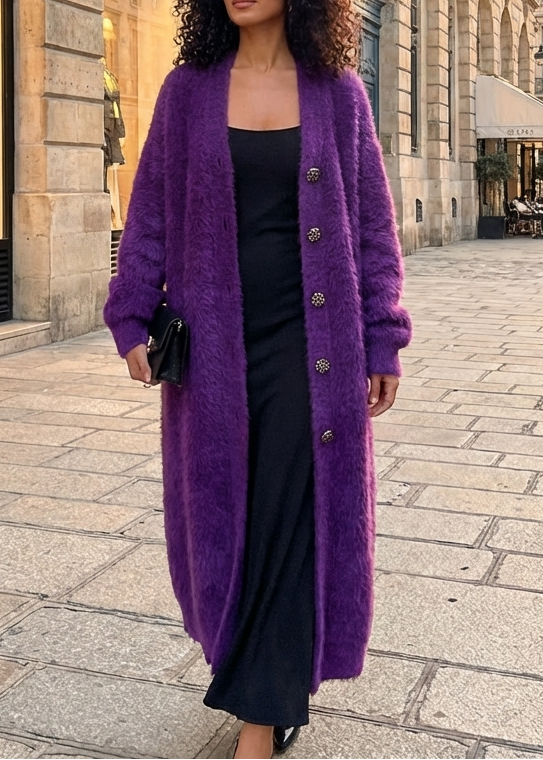 Modern Purple V Neck Oversized Thick Mink Hair Knitted Long Cardigan - Omychic