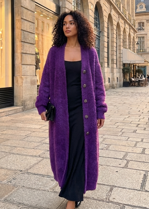 Modern Purple V Neck Oversized Thick Mink Hair Knitted Long Cardigan