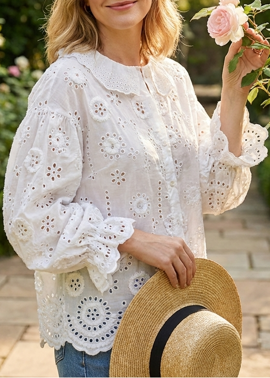 French Handmade White Puff Sleeve Hollow Out Floral Cotton Top - Omychic
