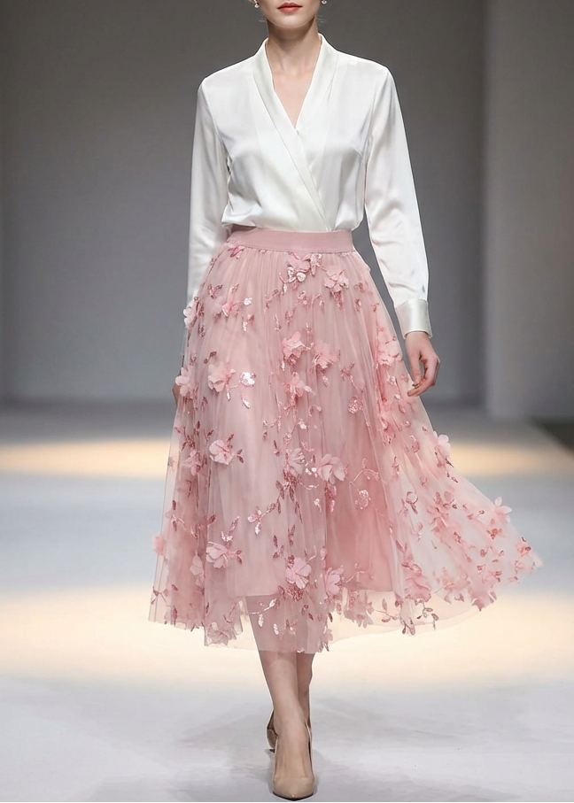 Natural Pink Embroidered Floral Tulle Skirts Spring