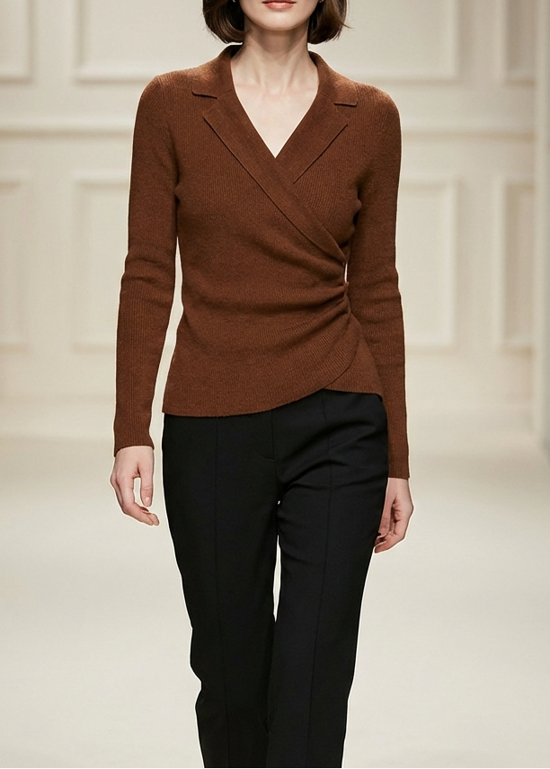 Chic Caramel Peter Pan Collar Asymmetrical Design Slim Fit Fall Sweater - Omychic